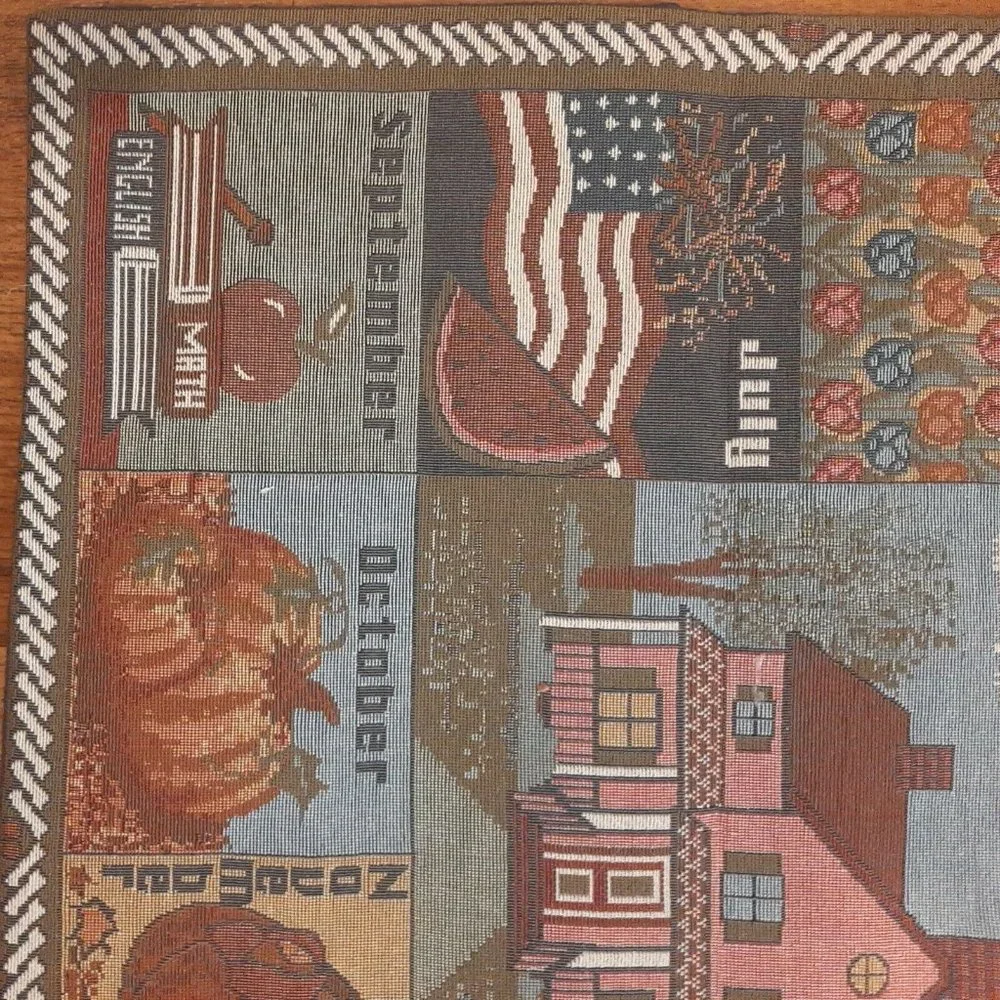 Vintage 19 X 21 Tapestry Holiday Months of the Year Banner Wall Hanging AS IS